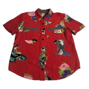 Vintage F. L. Malik Top Womens Small Red Geisha Floral Button Pocket Rayon USA